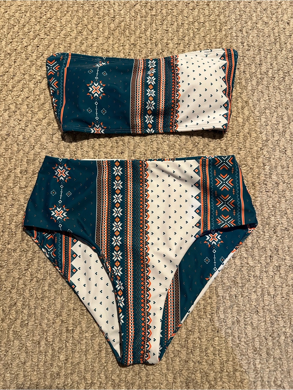 Aztec Print Bandeau High-Waist Bikini - Teal, Orange & Cream